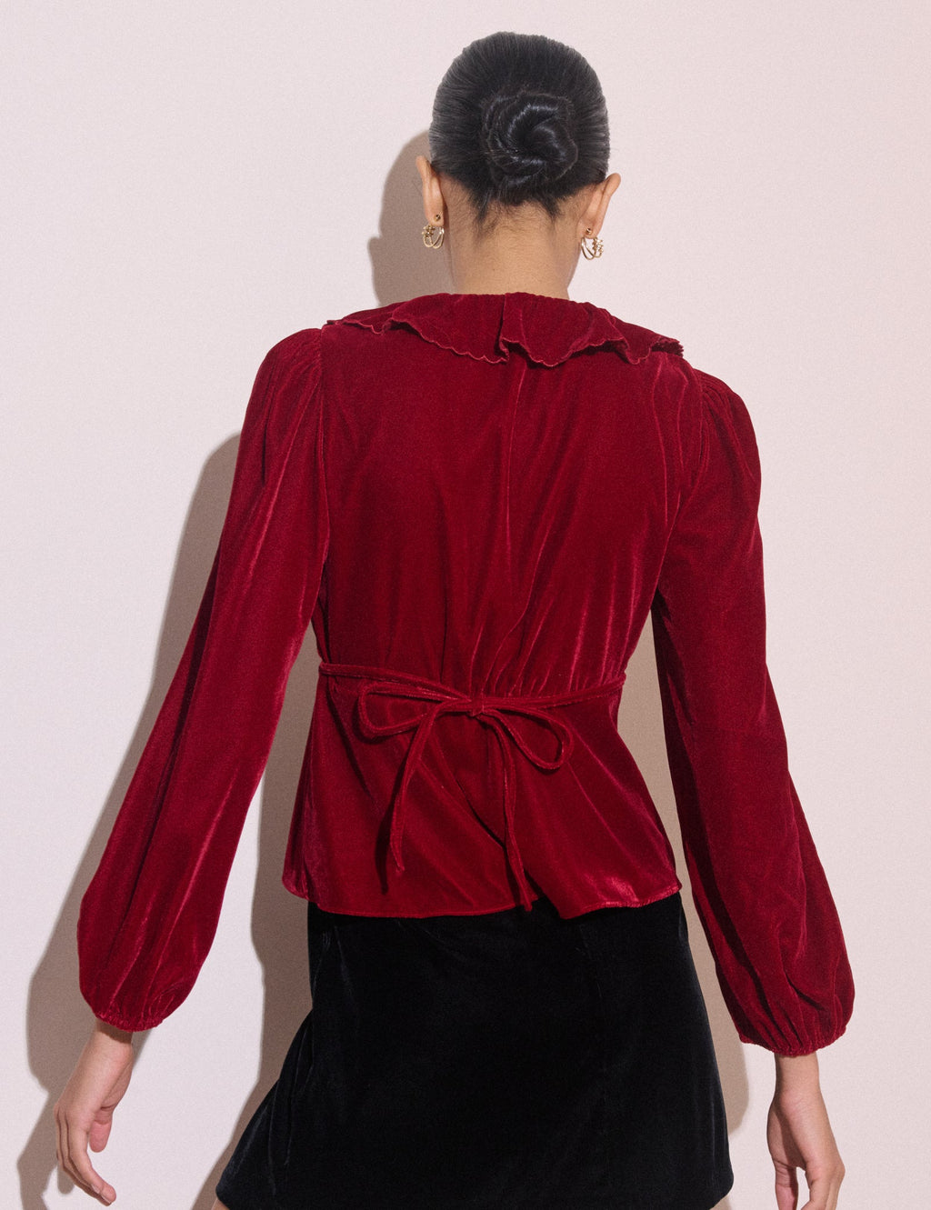 Red Frill Collared Velvet Blouse