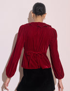 Red Frill Collared Velvet Blouse