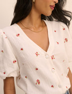 Cream and Red Floral Puff Sleeve Top