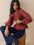 Red Check Shirred Peplum Blouse