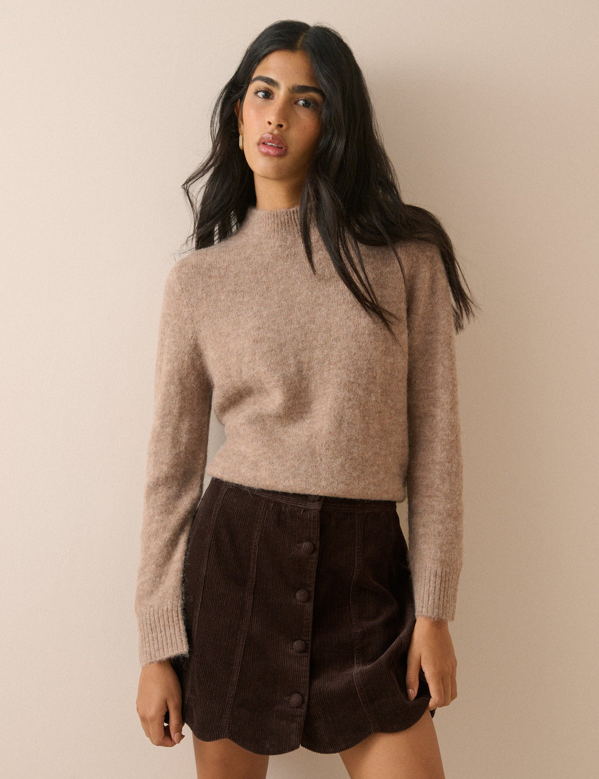 Brown Cord Scallop Trim Mini Skirt