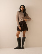 Brown Cord Scallop Trim Mini Skirt