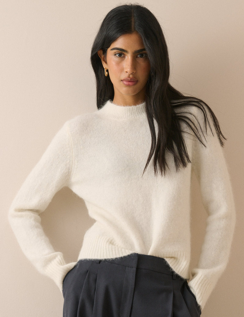 White Ribbed Trim Jumper