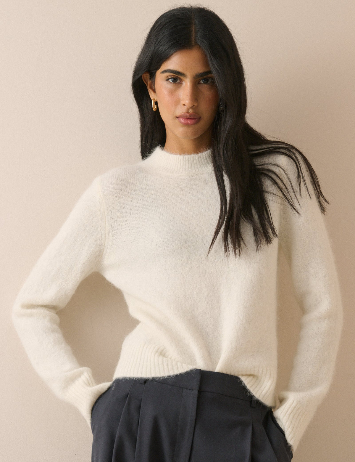 White Ribbed Trim Jumper