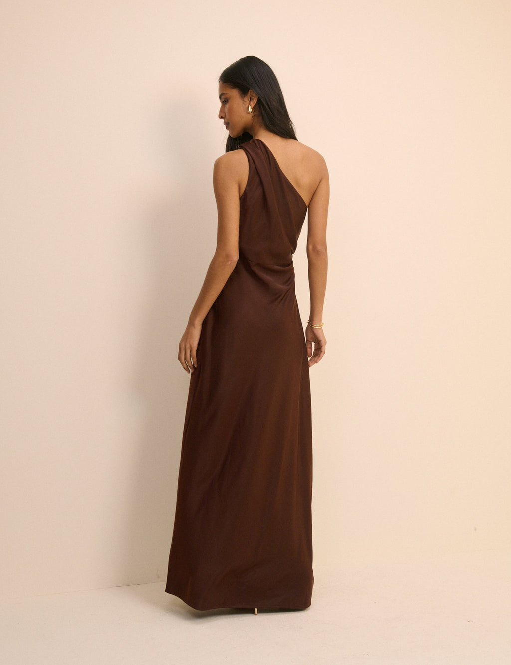 Brown Satin One-Shoulder Sloane Maxi Dress