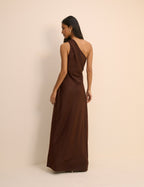 Brown Satin One-Shoulder Sloane Maxi Dress