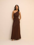 Brown Satin One-Shoulder Sloane Maxi Dress