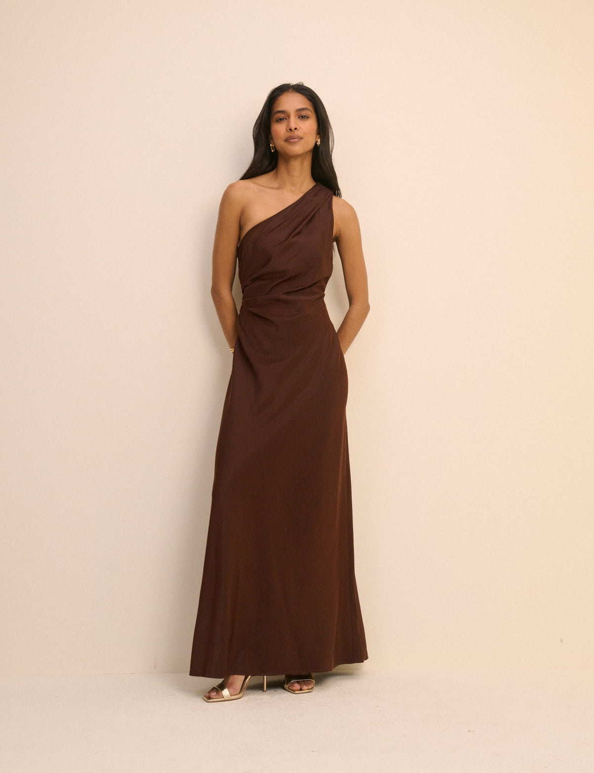 Brown Satin One-Shoulder Sloane Maxi Dress
