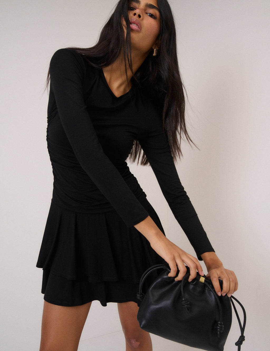 Black Long Sleeve Tiered Yuki Jersey Mini Dress