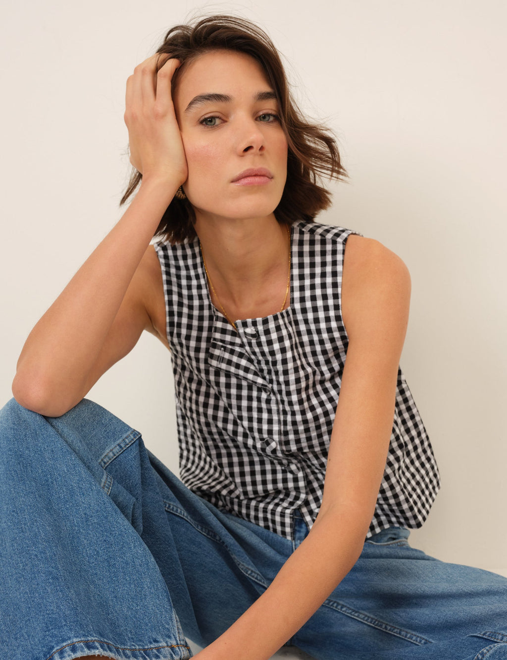 Black Gingham Button Front Top