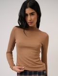 Brown High Neck Ribbed Top
