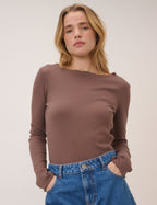 Brown Boat Neck Frill Ribbed Top