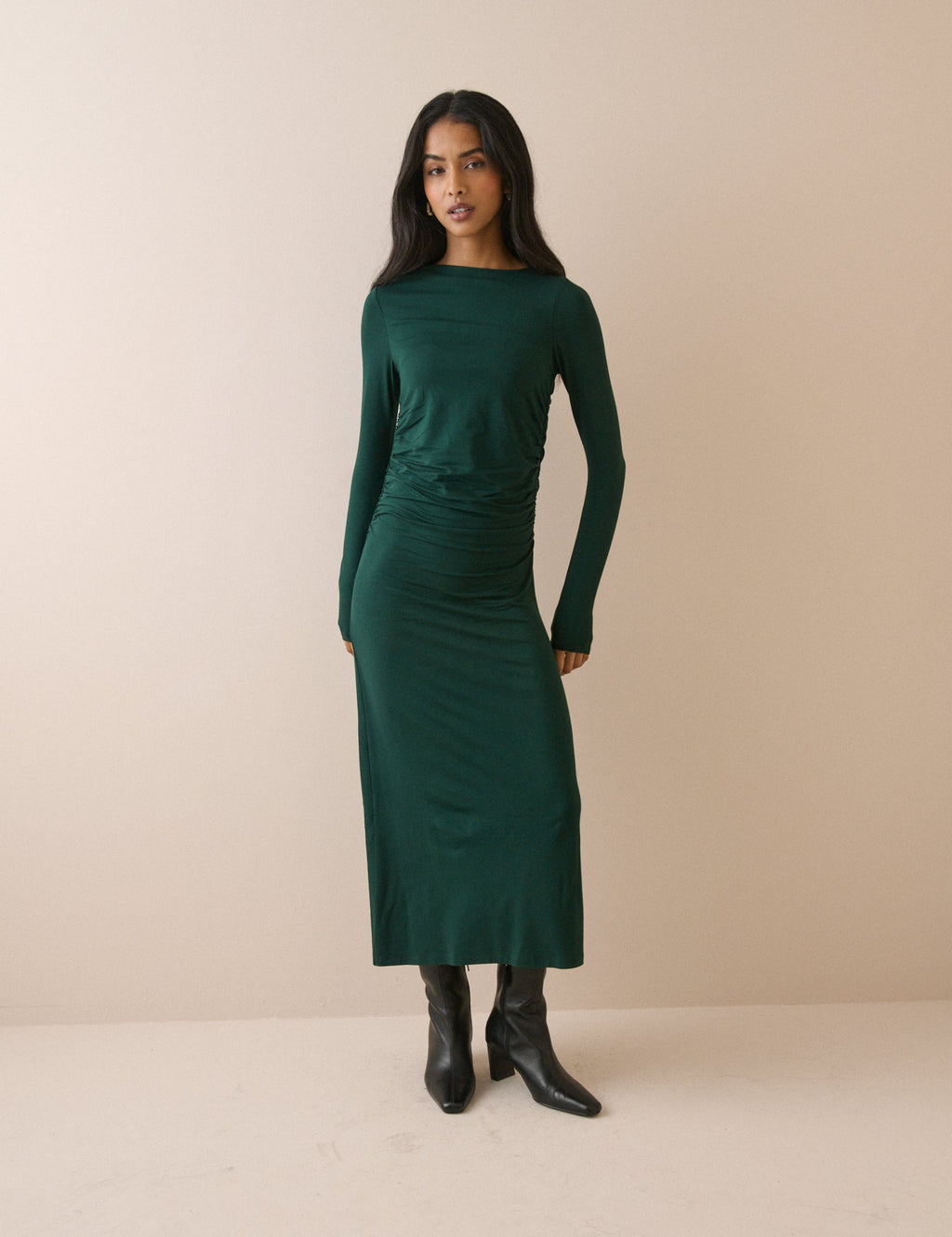 Green Ruched Jersey Laurella Midi Dress