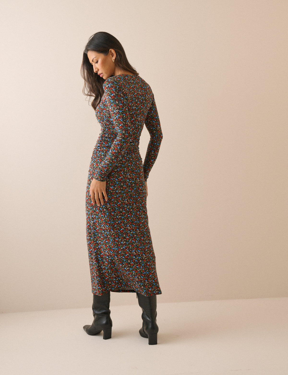 Black Ditsy Floral Jersey Laurella Midi Dress