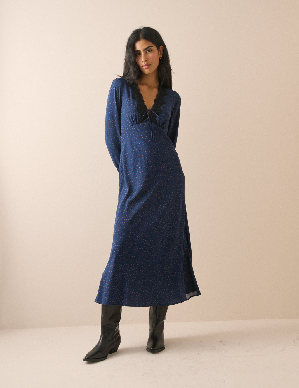 Navy Polka Dot Lace Trim Aida Midi Dress