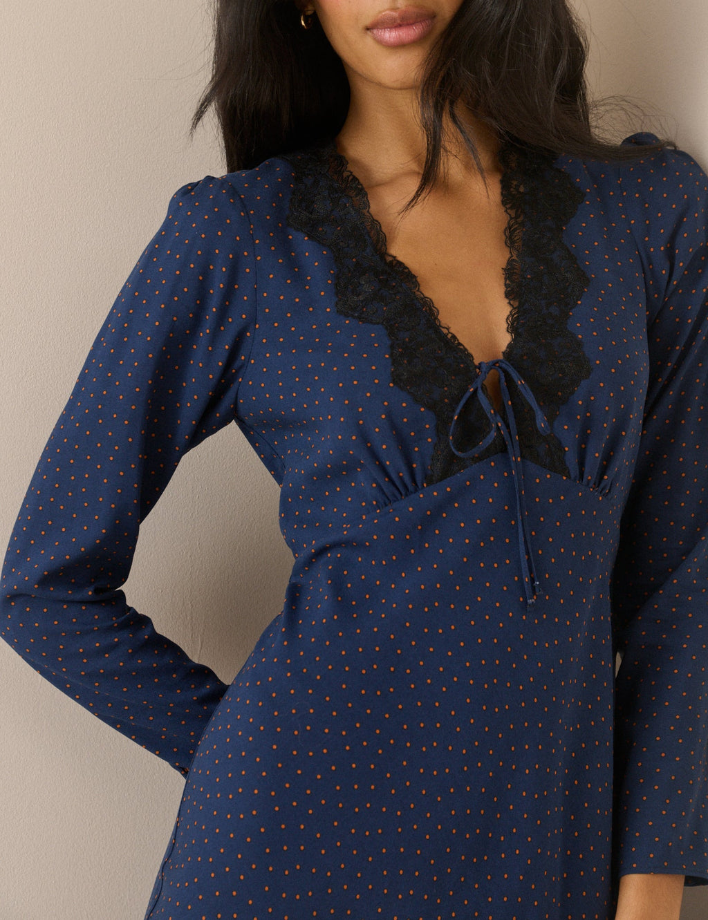 Navy Polka Dot Lace Trim Aida Midi Dress