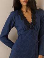 Navy Polka Dot Lace Trim Aida Midi Dress
