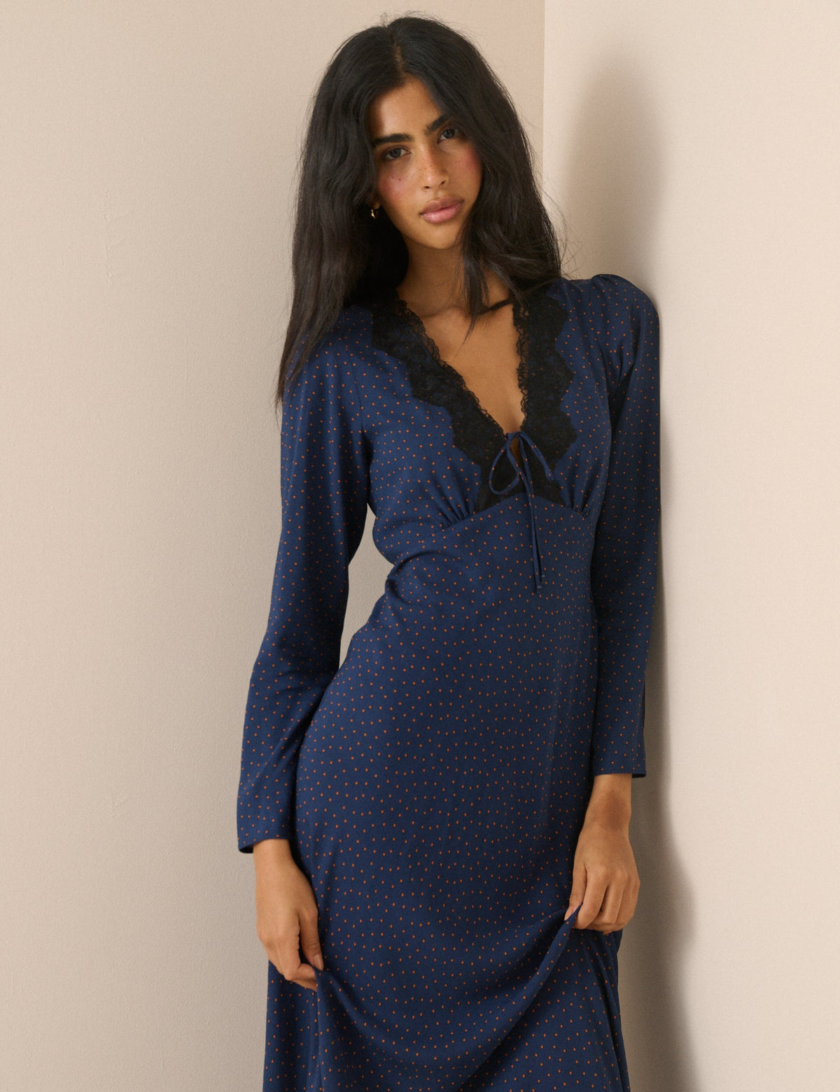 Navy Polka Dot Lace Trim Aida Midi Dress