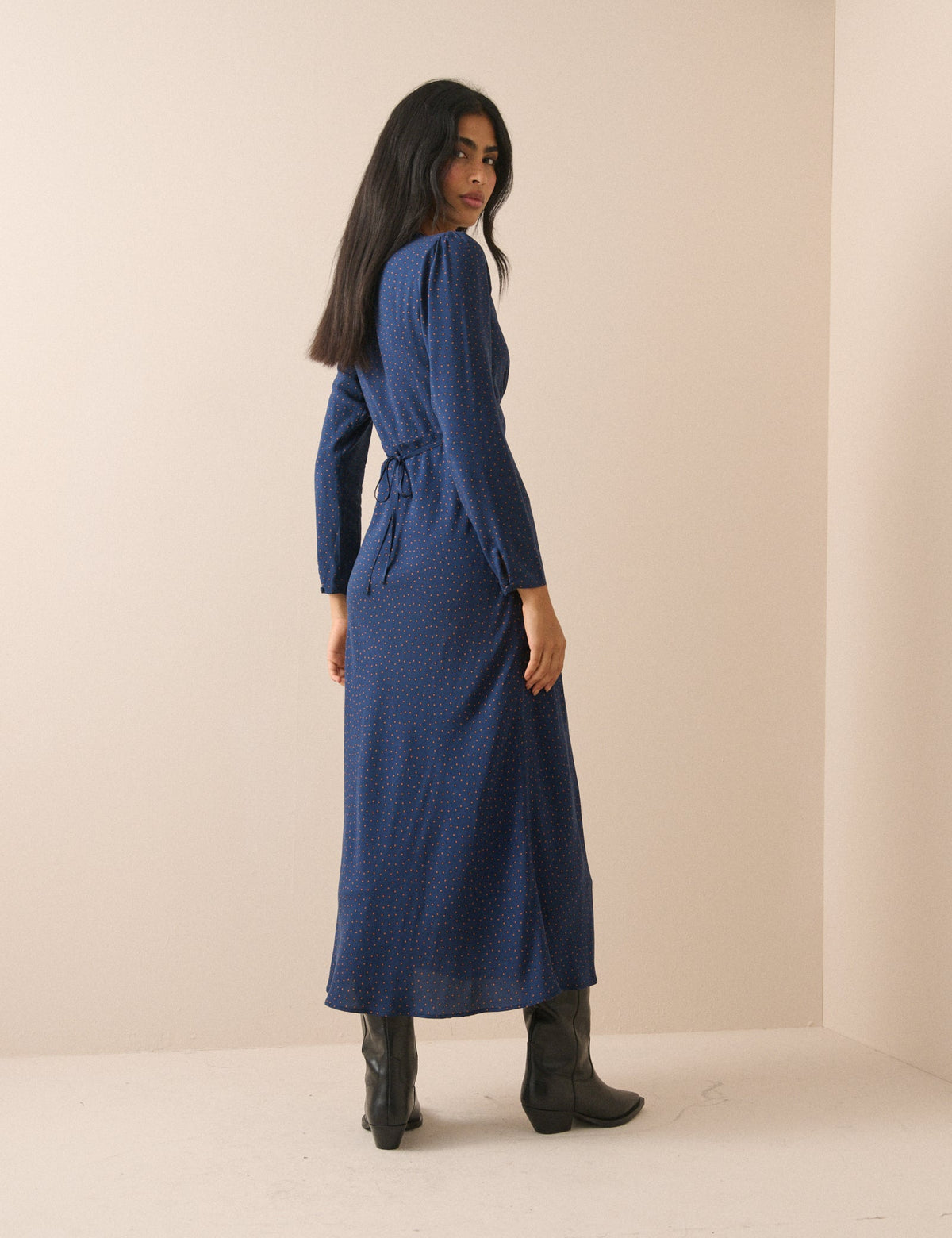 Navy Polka Dot Lace Trim Aida Midi Dress