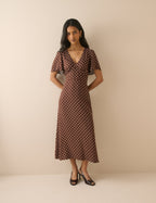Brown Polka Dot Atlas Midi Dress