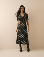 Black Polka Dot Atlas Midi Dress