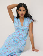 Blue Floral Lace Trim Kacey Midi Dress