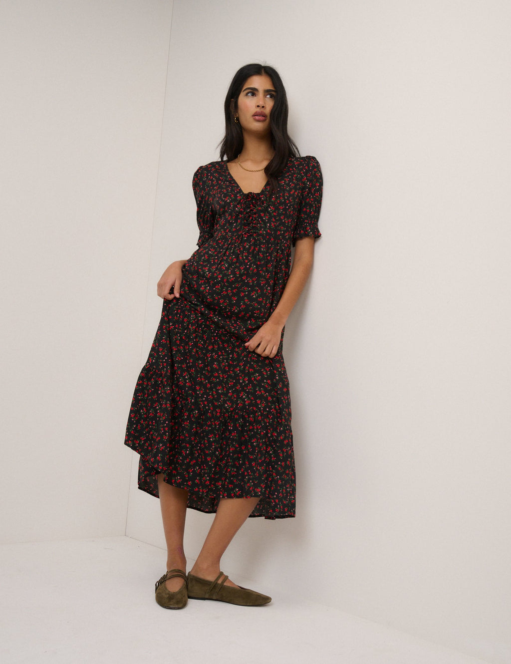 Black Floral Tiered Lia Midi Dress
