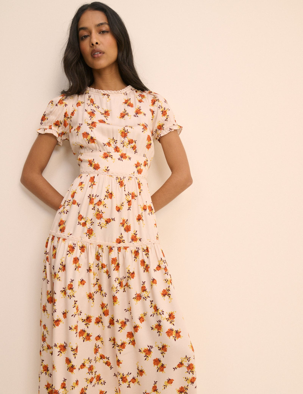 Cream Ditsy Floral Tiered Dara Midi Dress