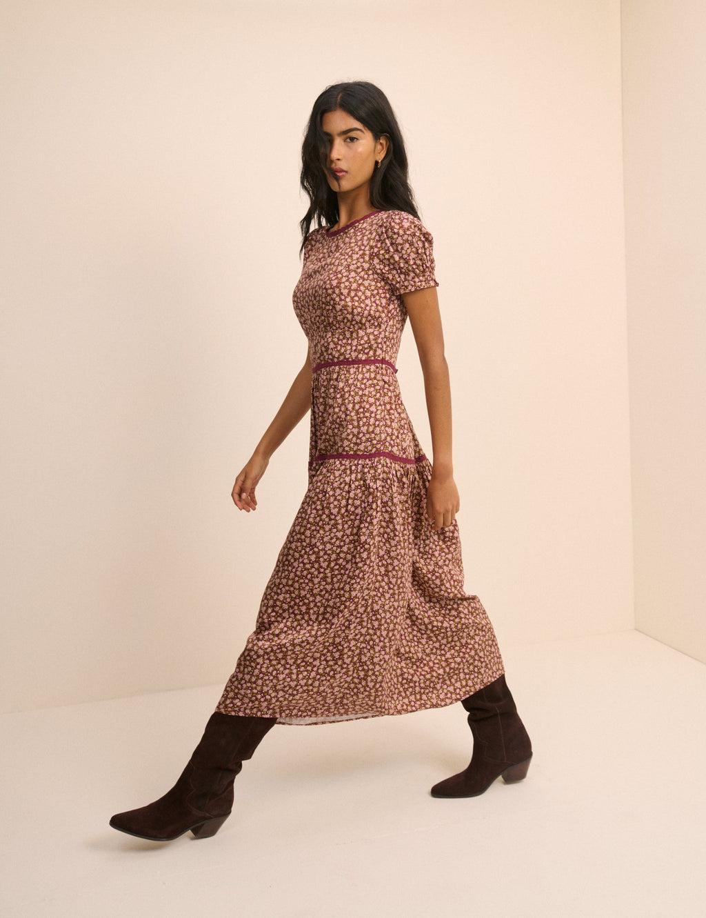 Burgundy Floral Tiered Dara Midi Dress