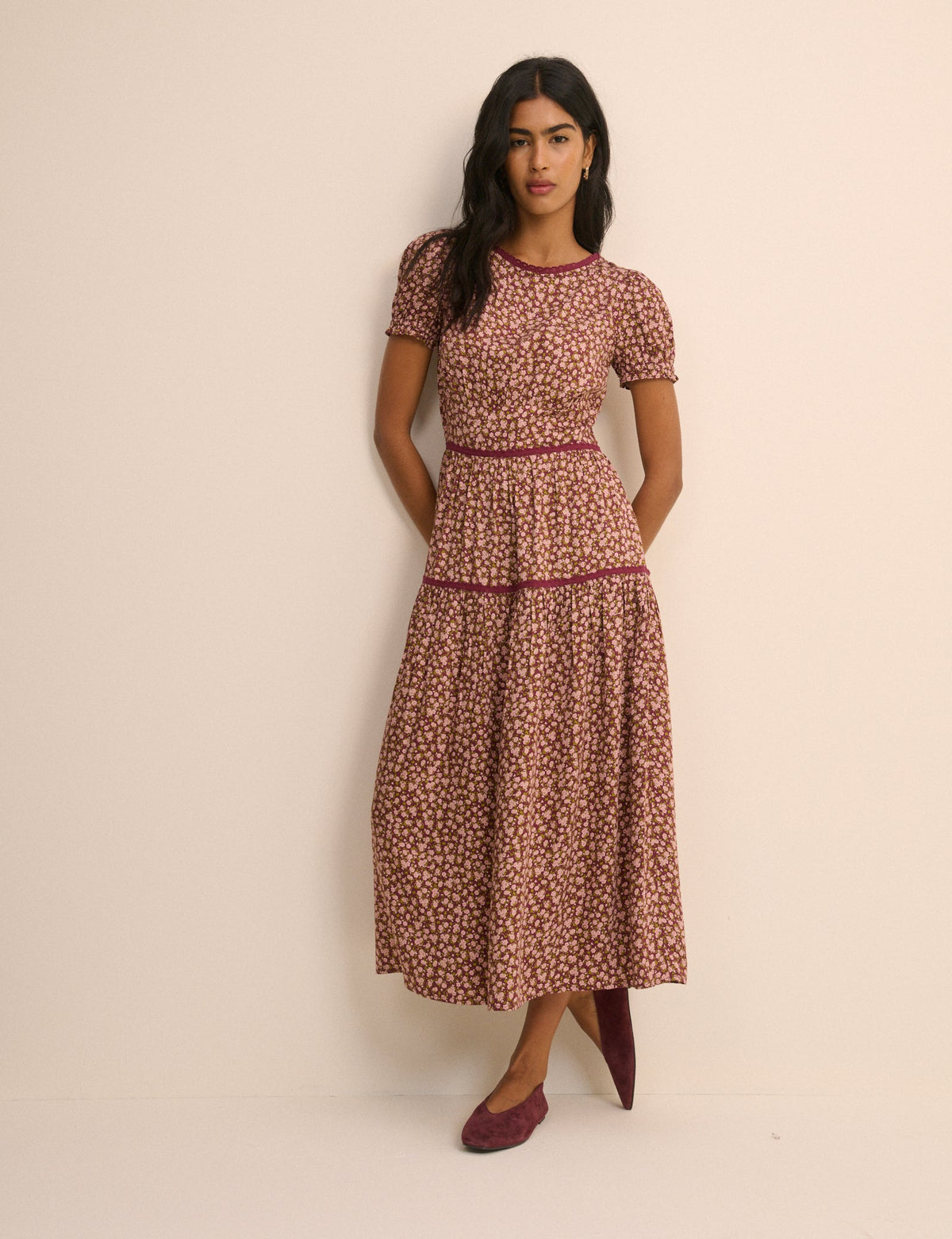 Burgundy Floral Tiered Dara Midi Dress