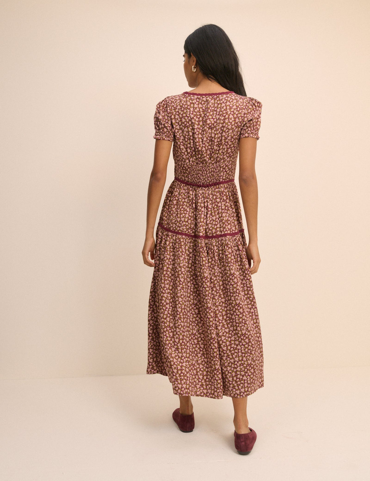 Burgundy Floral Tiered Dara Midi Dress