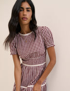 Burgundy Gingham Lace Trim Dara Midi Dress