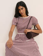 Burgundy Gingham Lace Trim Dara Midi Dress