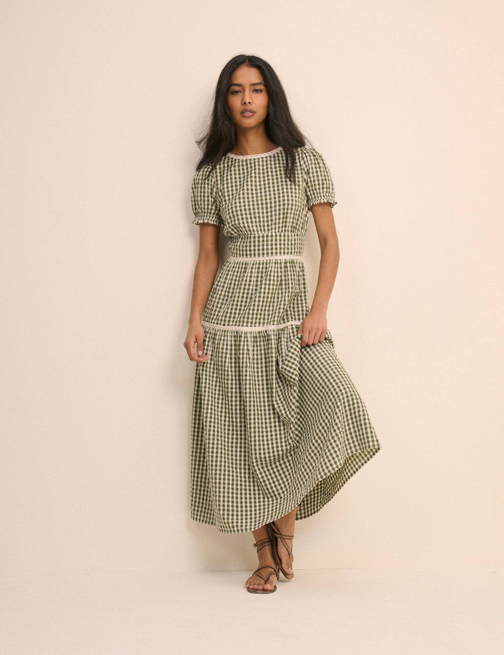Green Gingham Lace Trim Dara Midi Dress