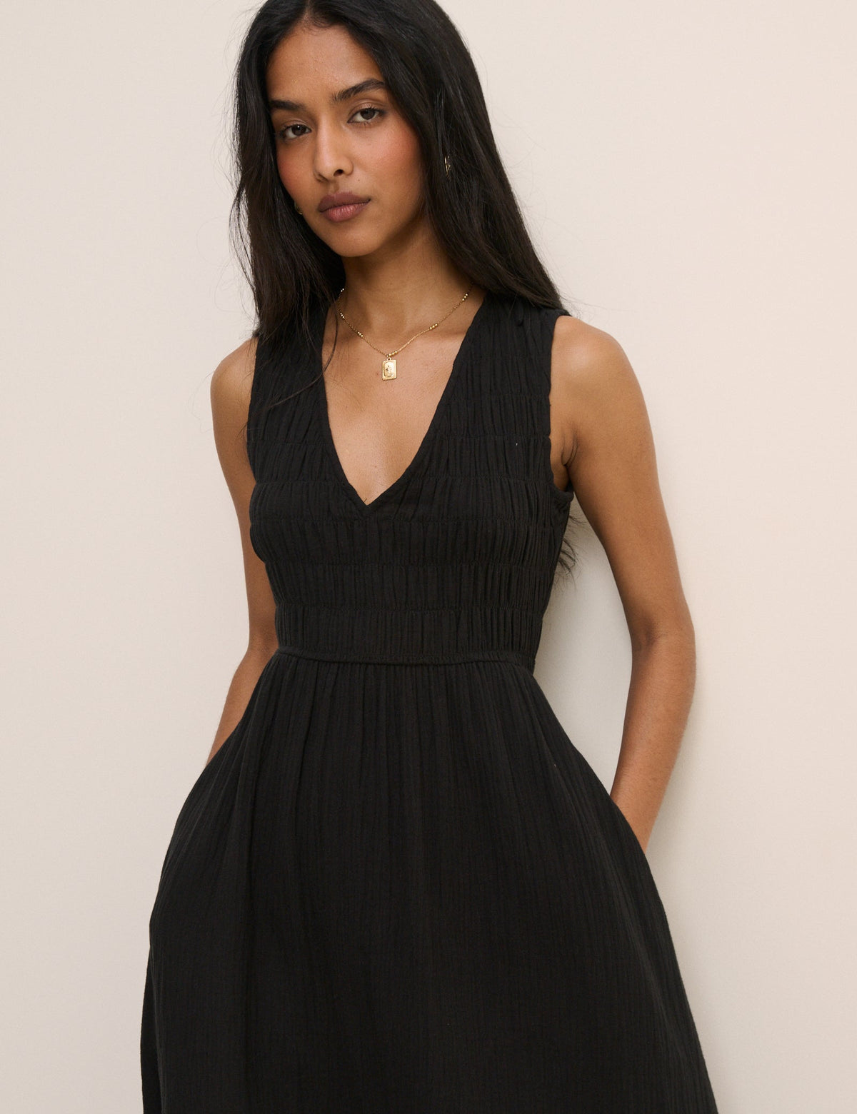 Black Shirred Sleeveless Audrey Midi Dress
