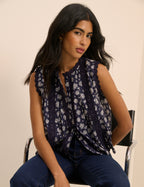 Navy Floral Broderie Anglaise Trim Blouse