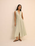 Green Pinstripe Sleeveless Linen-Rich Starlight Midi Dress