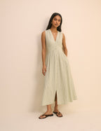 Green Pinstripe Sleeveless Linen-Rich Starlight Midi Dress