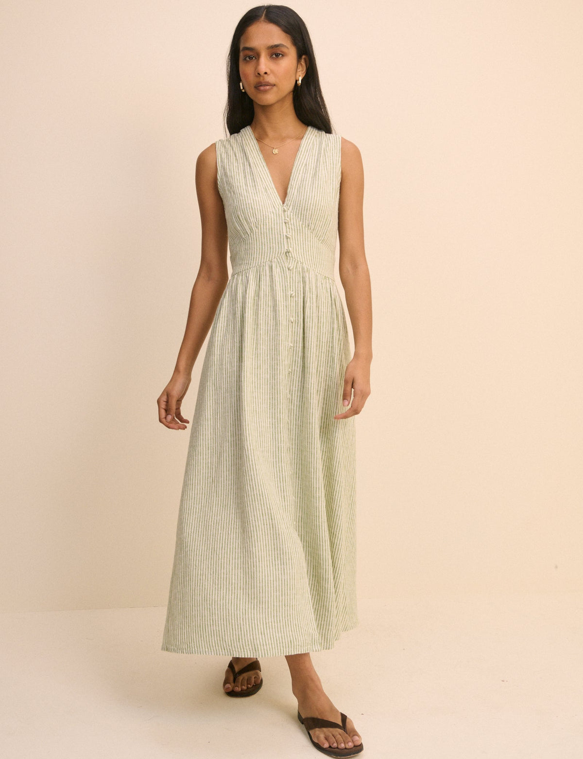 Green Pinstripe Sleeveless Linen-Rich Starlight Midi Dress