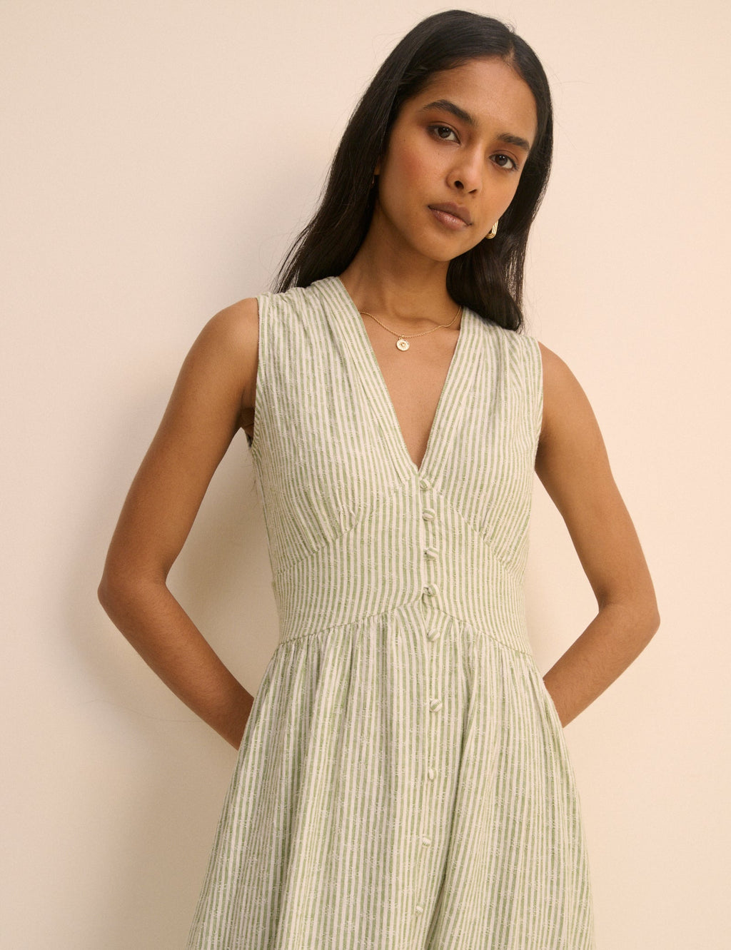 Green Pinstripe Sleeveless Linen-Rich Starlight Midi Dress