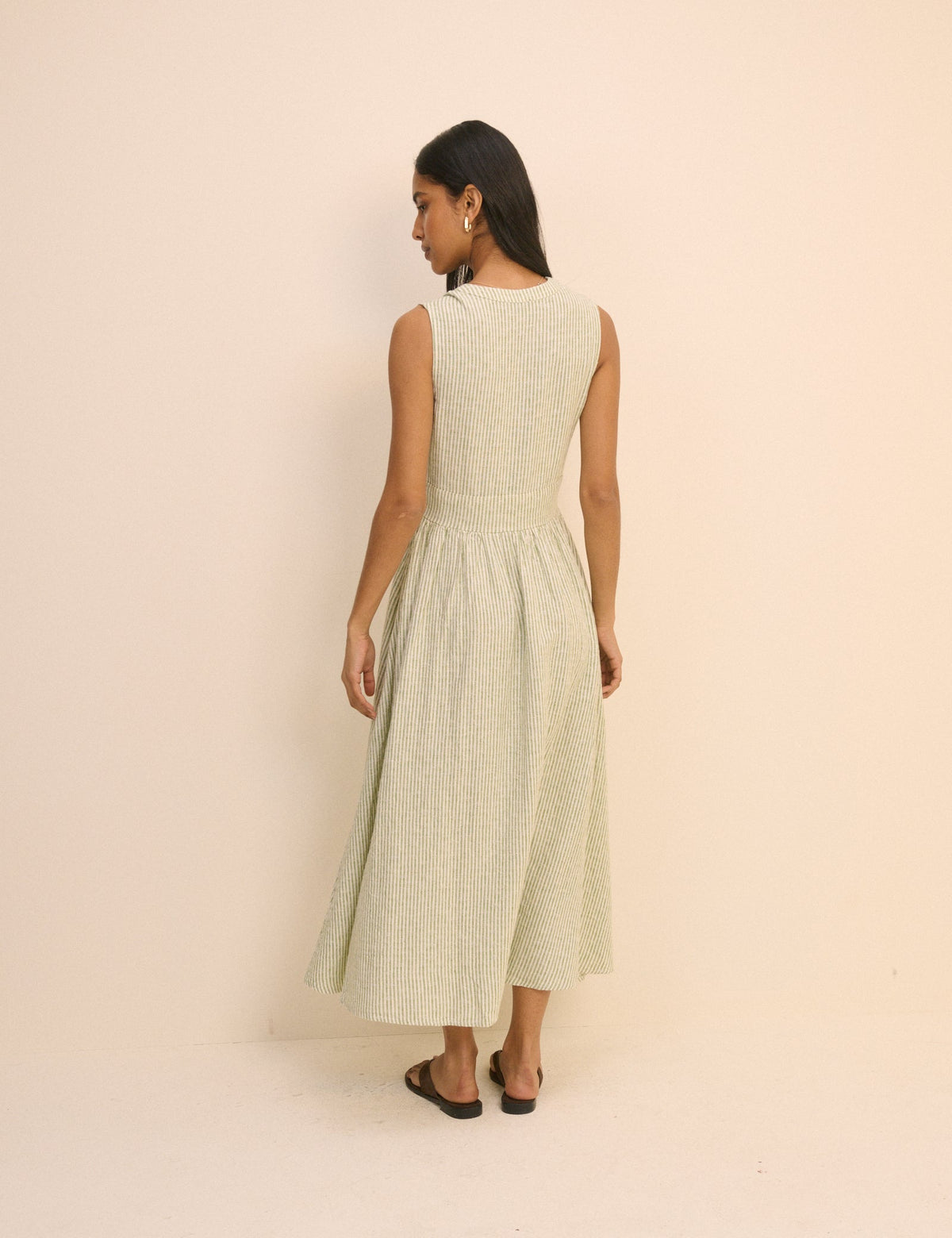 Green Pinstripe Sleeveless Linen-Rich Starlight Midi Dress
