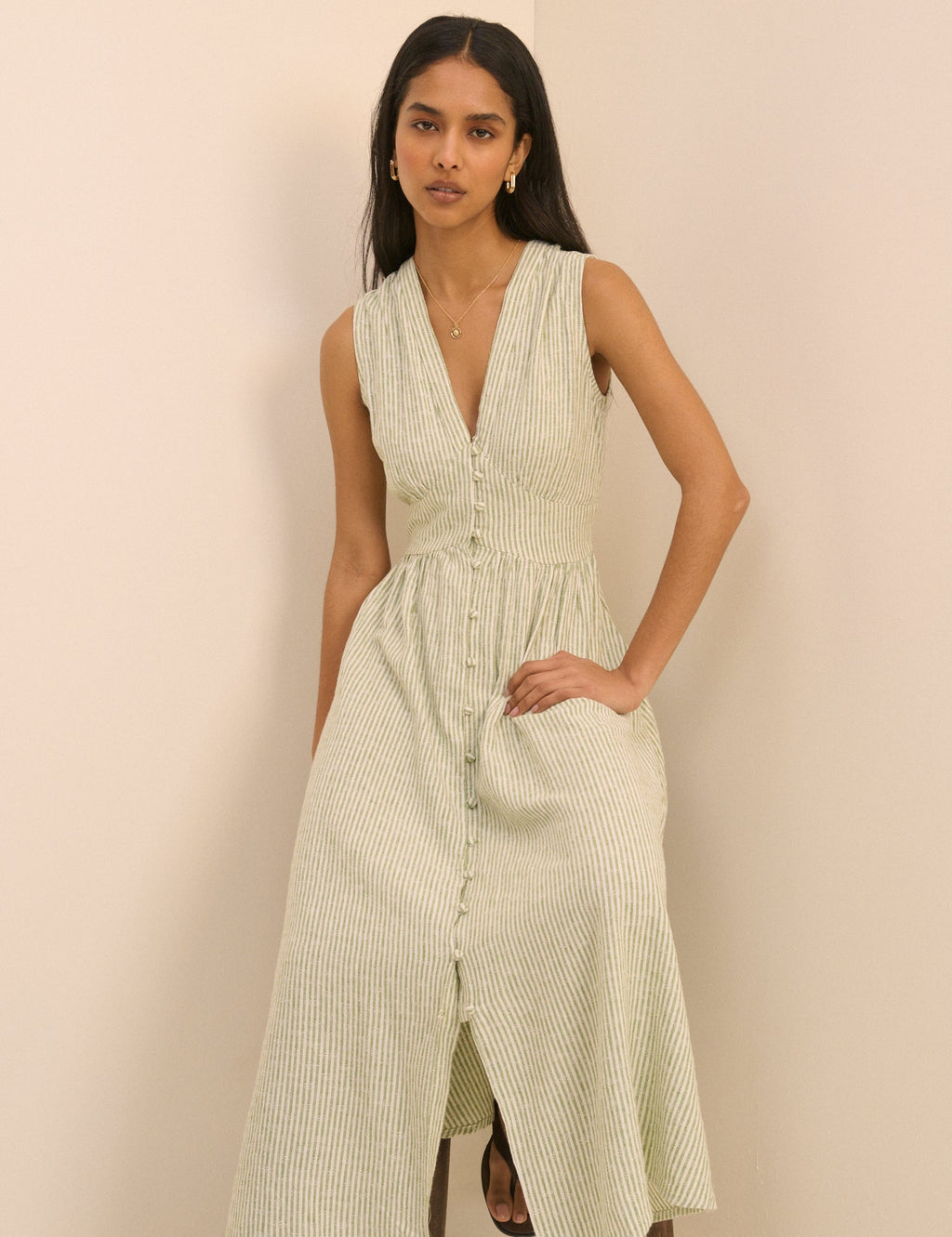 Green Pinstripe Sleeveless Linen-Rich Starlight Midi Dress