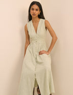 Green Pinstripe Sleeveless Linen-Rich Starlight Midi Dress
