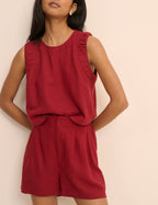 Red Linen-Rich Ruched Tank