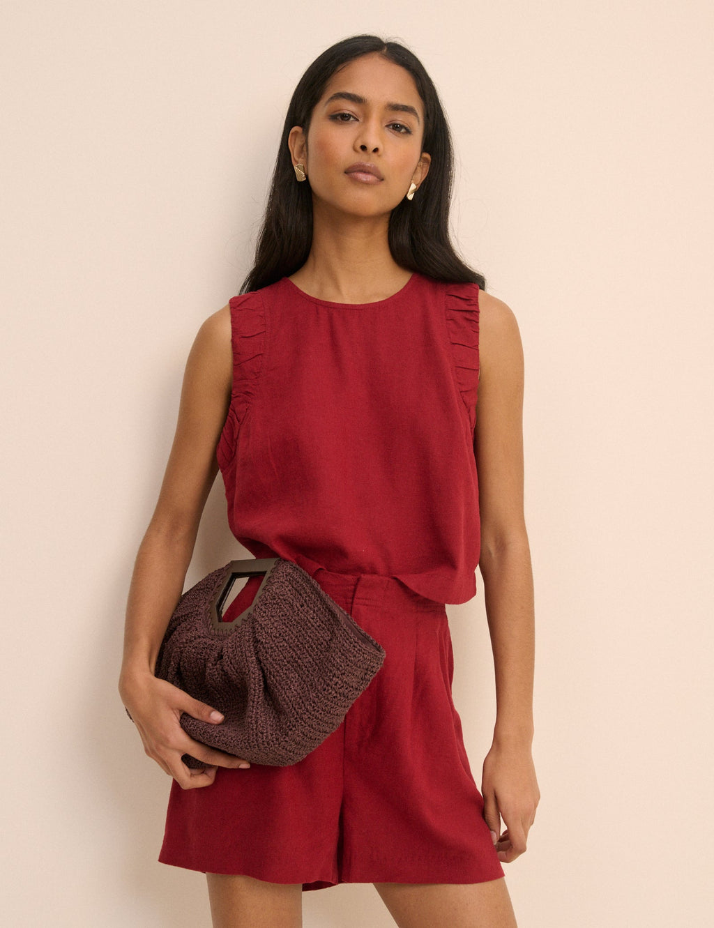 Red Linen-Rich Ruched Tank