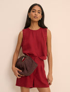 Red Linen-Rich Ruched Tank