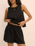 Black Linen-Rich Elasticated Waist Shorts