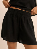 Black Linen-Rich Elasticated Waist Shorts