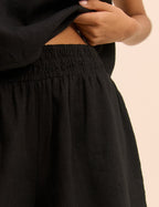 Black Linen-Rich Elasticated Waist Shorts