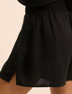 Black Linen-Rich Elasticated Waist Shorts